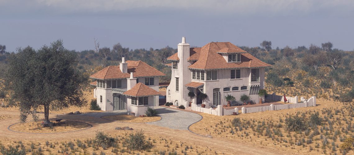 A rendered house in the desert